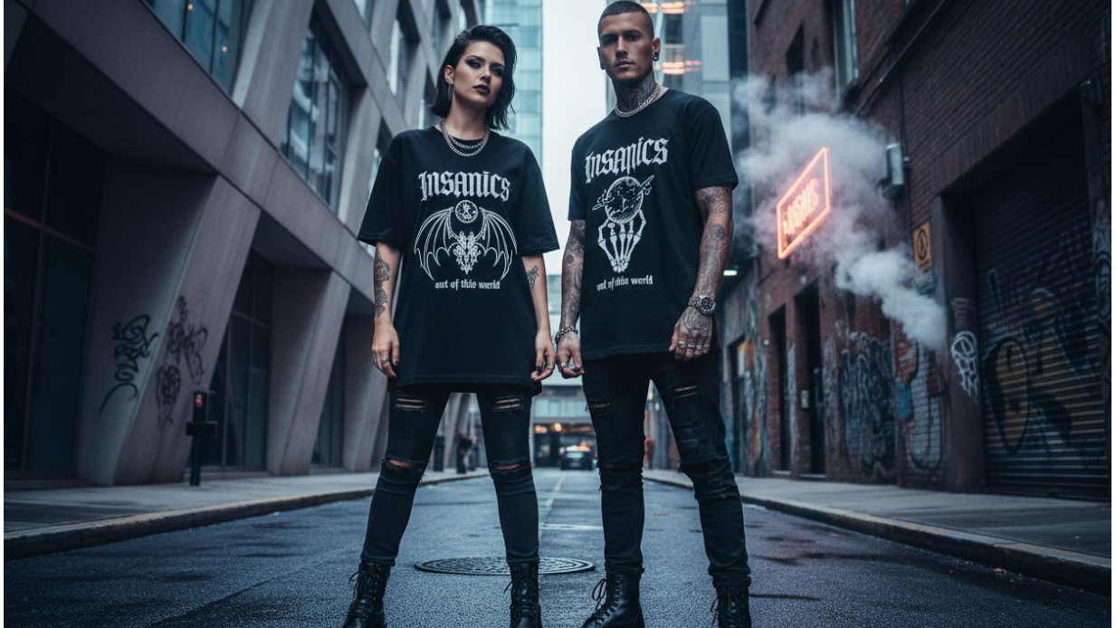 a couple between 25-35 years old wearing t-shirts with the bran 'INSANICS' 'out of this world' gothic , modern urban vibe