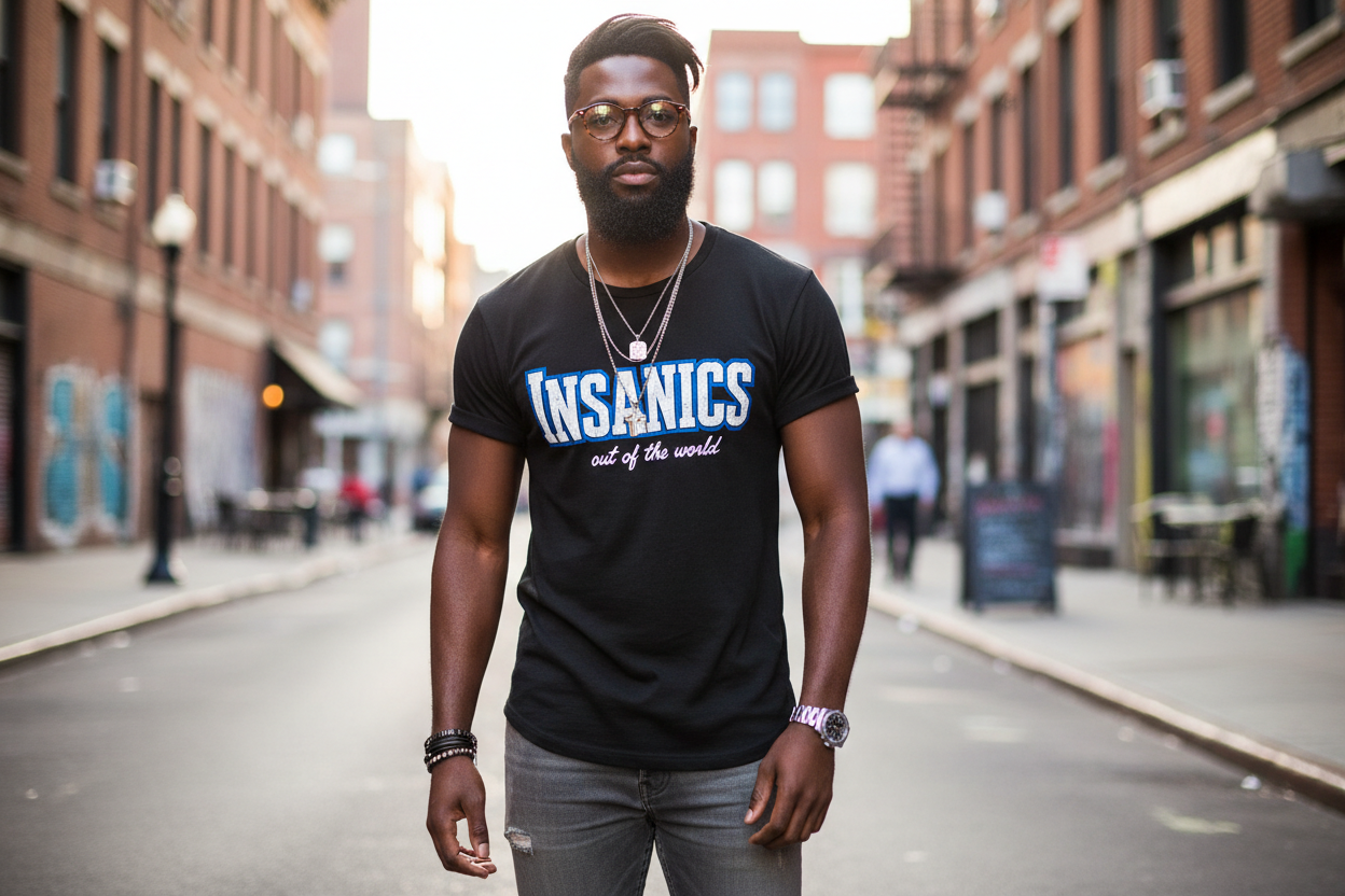 black guy between 25-35 years old hipster theme wearing t-shirt with brand 'INSANICS' 'out of the world'