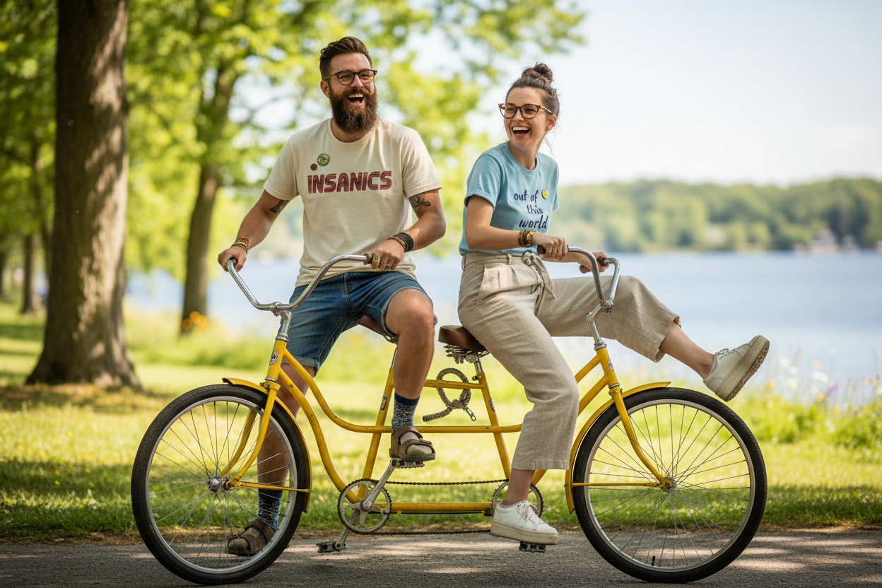 white couple hipsters wearing t-shirts with the brand 'INSANICS' 'out of this world' doing something funny